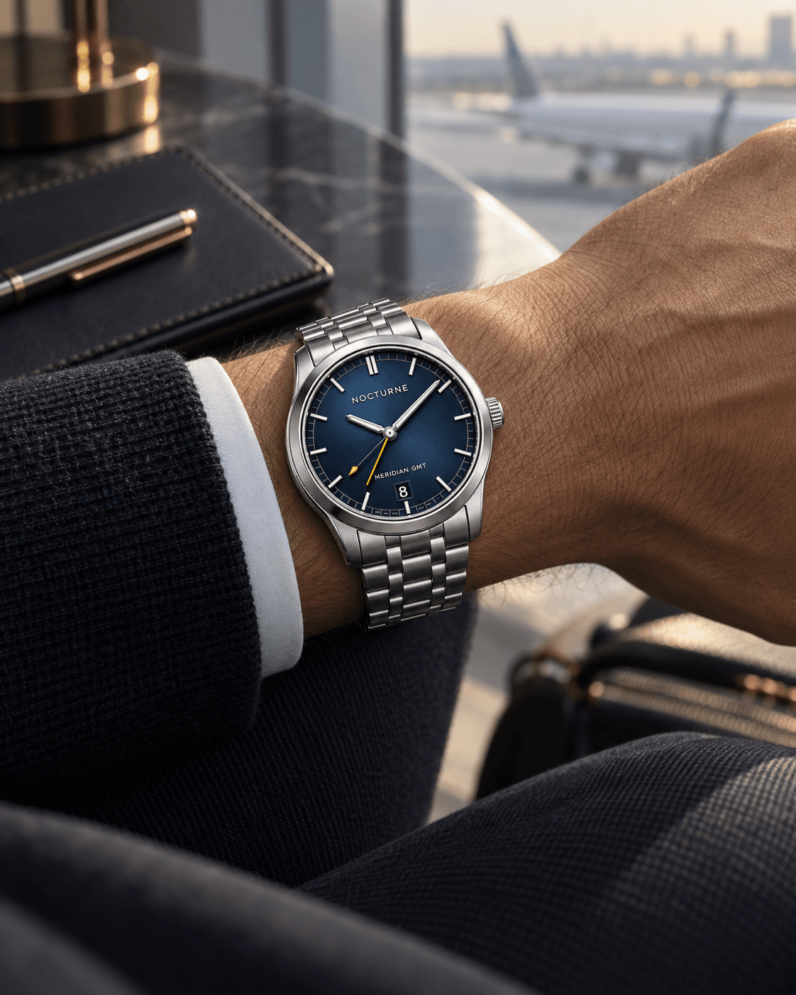 Meridian GMT on the wrist beside an airport window overlooking aircraft