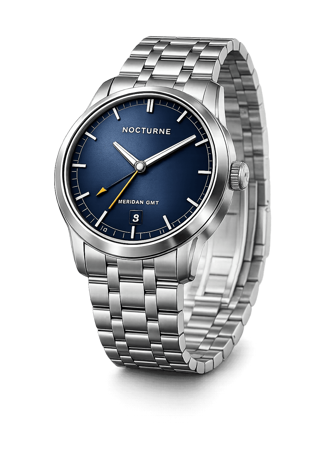 Three-quarter view of the NOCTURNE Meridian GMT with a slate-blue dial and steel bracelet