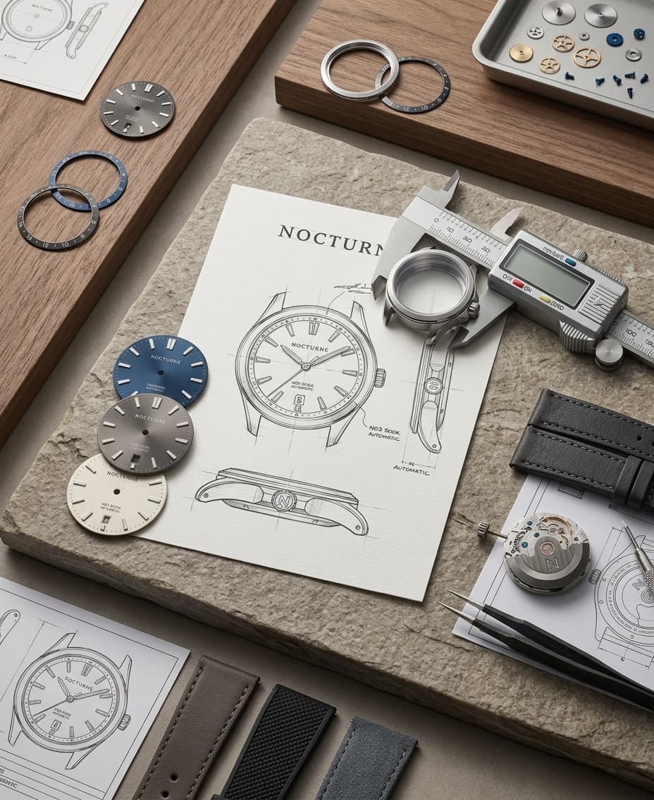 NOCTURNE watch drawings, dials, case components, straps, and measuring tools on a design table