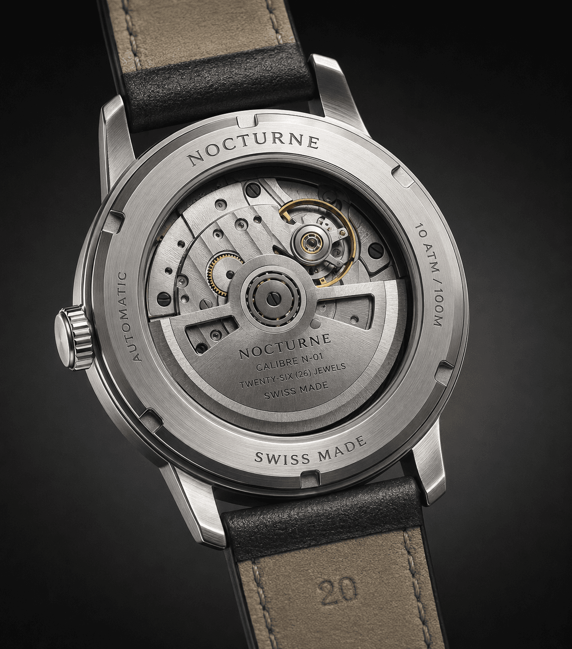 Close view of the Atria exhibition caseback and automatic movement