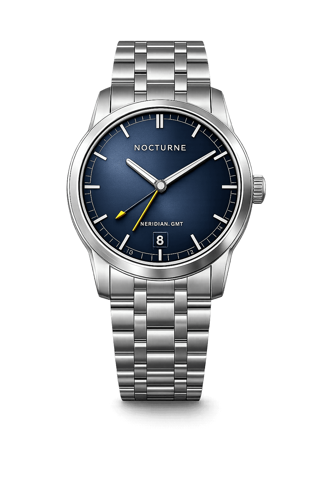 Front view of the NOCTURNE Meridian GMT with a slate-blue dial and steel bracelet