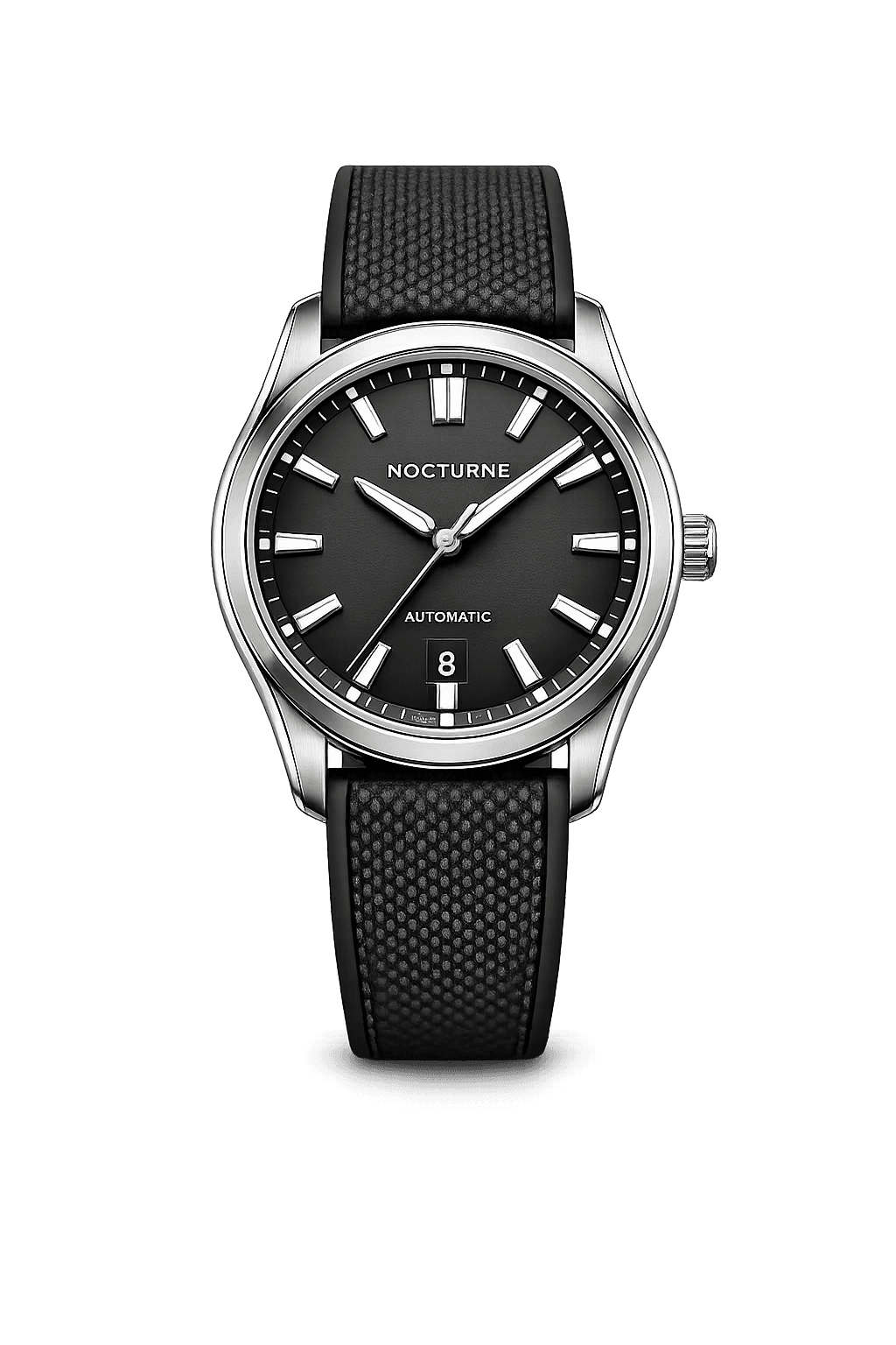Front view of the NOCTURNE Rook automatic watch with a graphite dial and textured rubber strap
